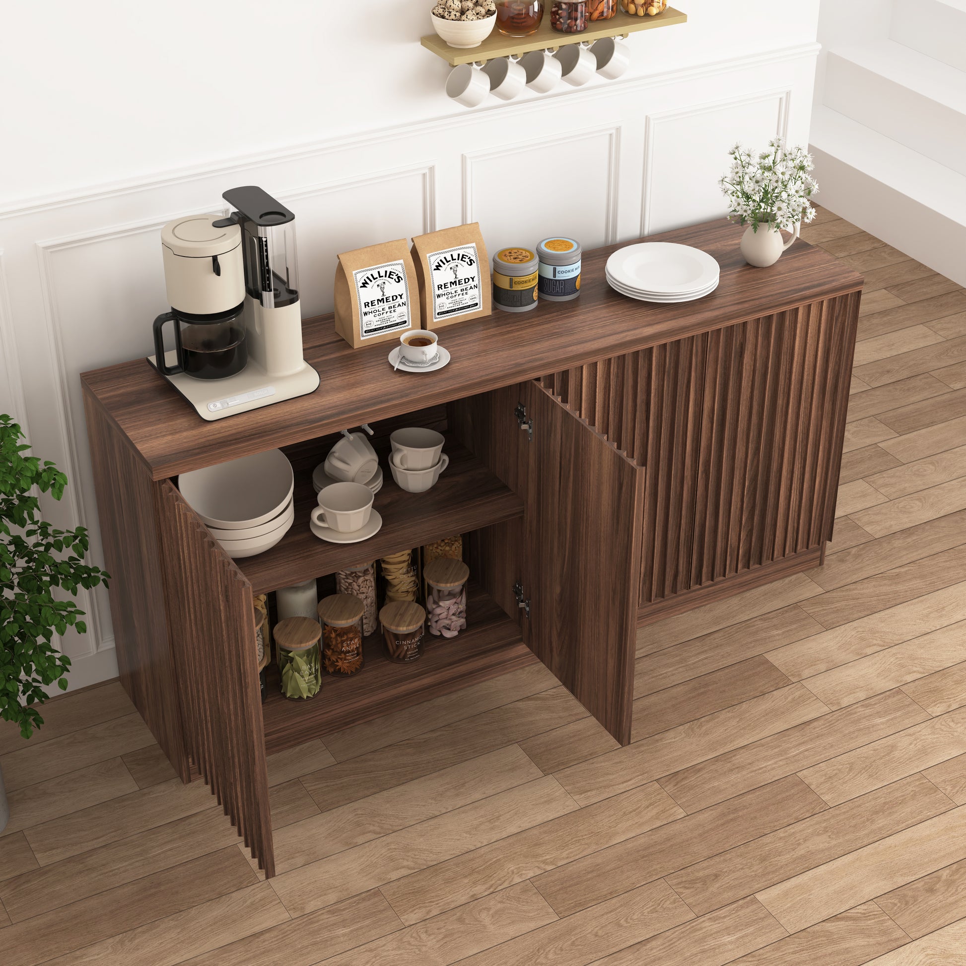 Buffet Cabinet with Storage, 62.60" Sideboard Cabinet with 4 Doors & Shelves, Wooden Kitchen Coffee Bar Credenza Storage for Living Room, Hallway Walnut image 3