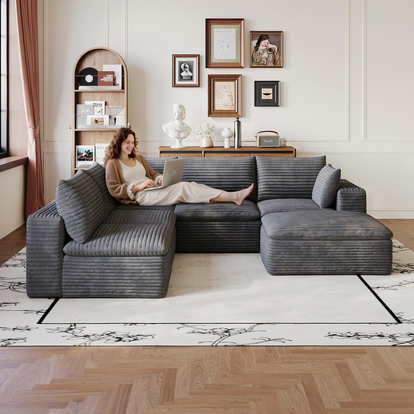 99*103" Cloud Sofa,Corduroy Fabric,Deep Seat Couches,Double-layer design,Removable Cushion,No Assembly, DIY Combination for Living room, Bedroom,Conference room,Apartment,Dark Grey image 2