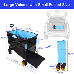 Big large capacity Folding cart Extra Long Extender Wagon Cart Folding Wagon Garden Shopping Beach Cart (black + blue)