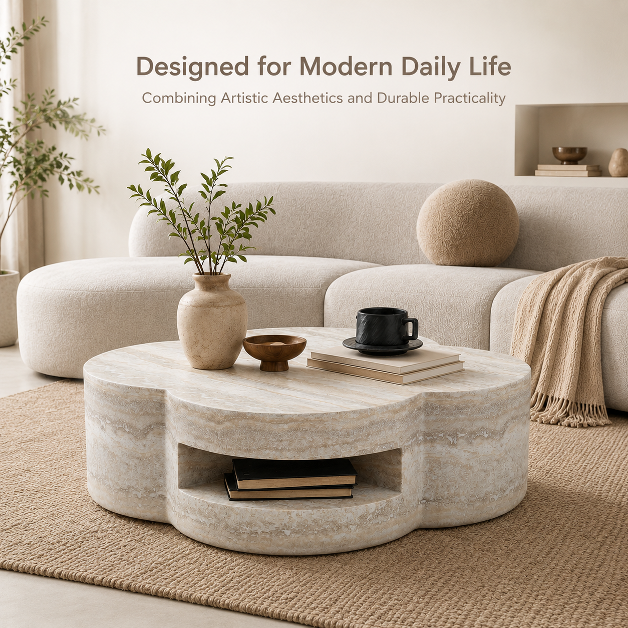 31.5" Clover Round Faux Marble Coffee Table – No Assembly Required, Anti-Slip Raised Edge, Open Storage Shelf, Scratch & Stain Resistant, Modern Minimalist Living Room Table image 8