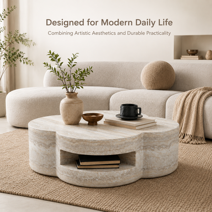 31.5" Clover Round Faux Marble Coffee Table – No Assembly Required, Anti-Slip Raised Edge, Open Storage Shelf, Scratch & Stain Resistant, Modern Minimalist Living Room Table image 8