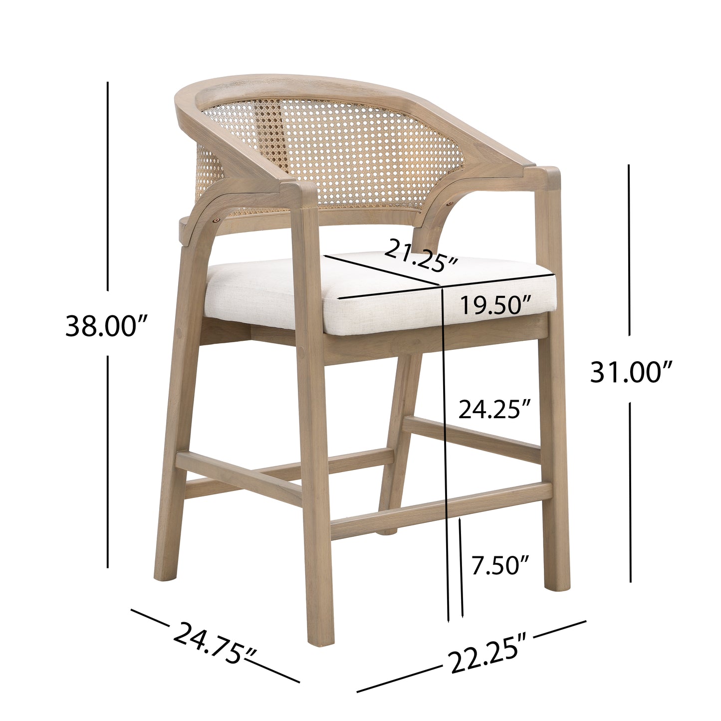 Wooden Frame Counter stool with rattan back-Light Ash-set of 2 image 6