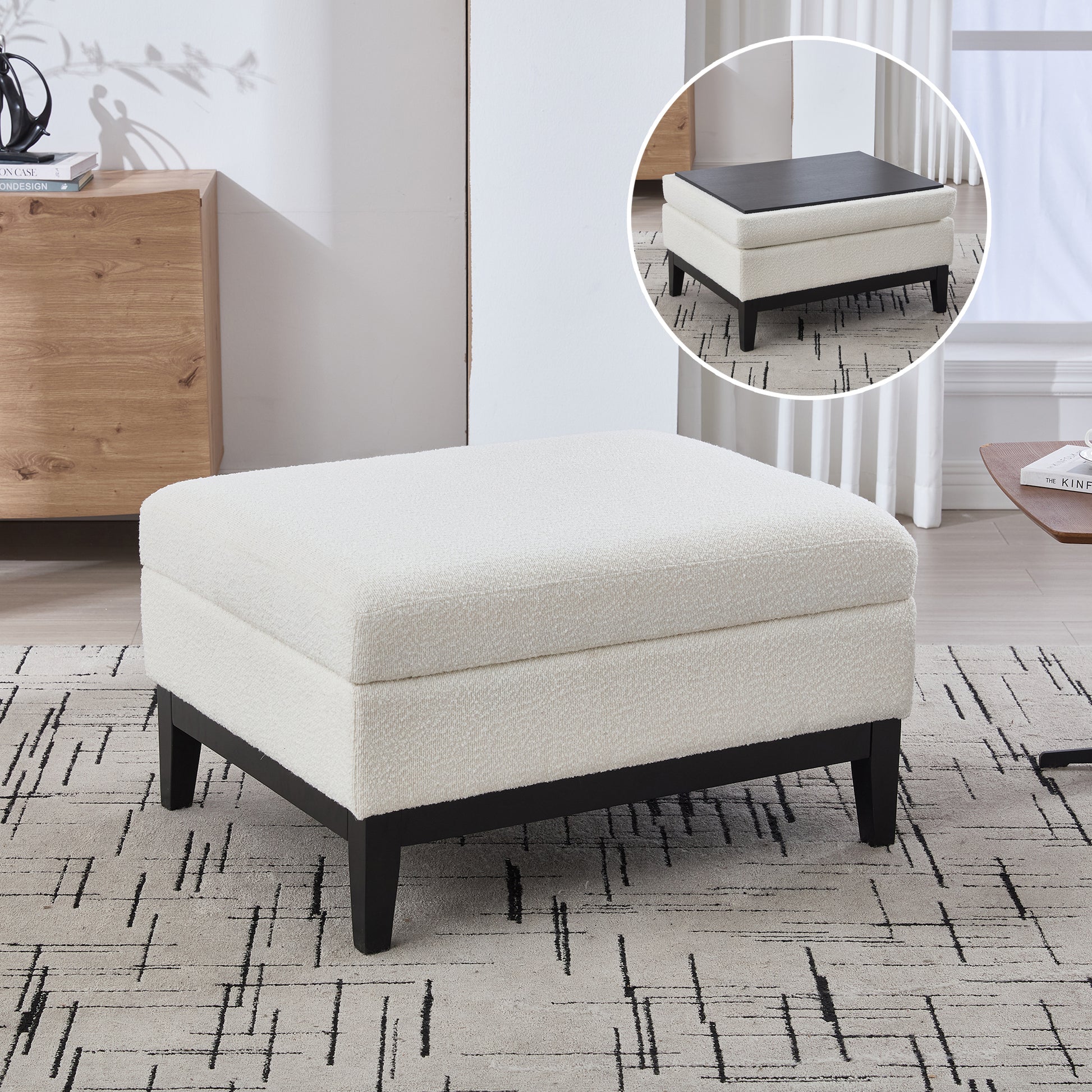 33.86"W Upholstered Wood Base Storage Ottoman With Reversible Lid Coffee Table, Foot Stool Square Footrest with Rubberwood Legs for Living Room Bedroom Entryway and Office, Ivory Boucle. image 1