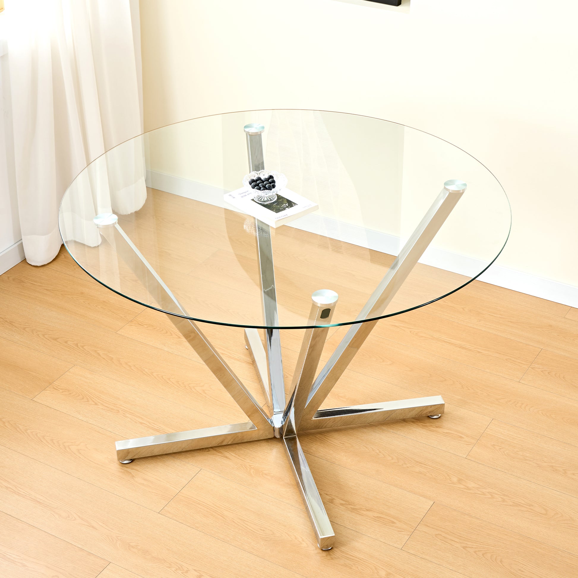 45.27"Round Dining Table,Tempered Glass Kitchen Tabe with Silver Chrome Plated Metal Legs,Modern Dining Room Table for for Kitchen, Living Room, Easy Assembly image 2