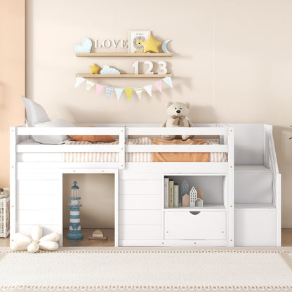 TWIN BED, SOLID WOOD TWIN SIZE LOW LOFT BED WITH STAIR, DRAWER, AND SHELF OF WHITE COLOR image 2