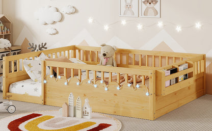 Full Montessori Floor Bed Frame with High Rails, Wood Kids Floor Beds with Light and Storage Shelf, Natural (Expect Arrival Date 2025/8/15) image 10