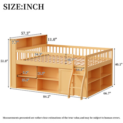 Full Size Loft Bed with Storage, Headboard with LED Light, Natural image 10