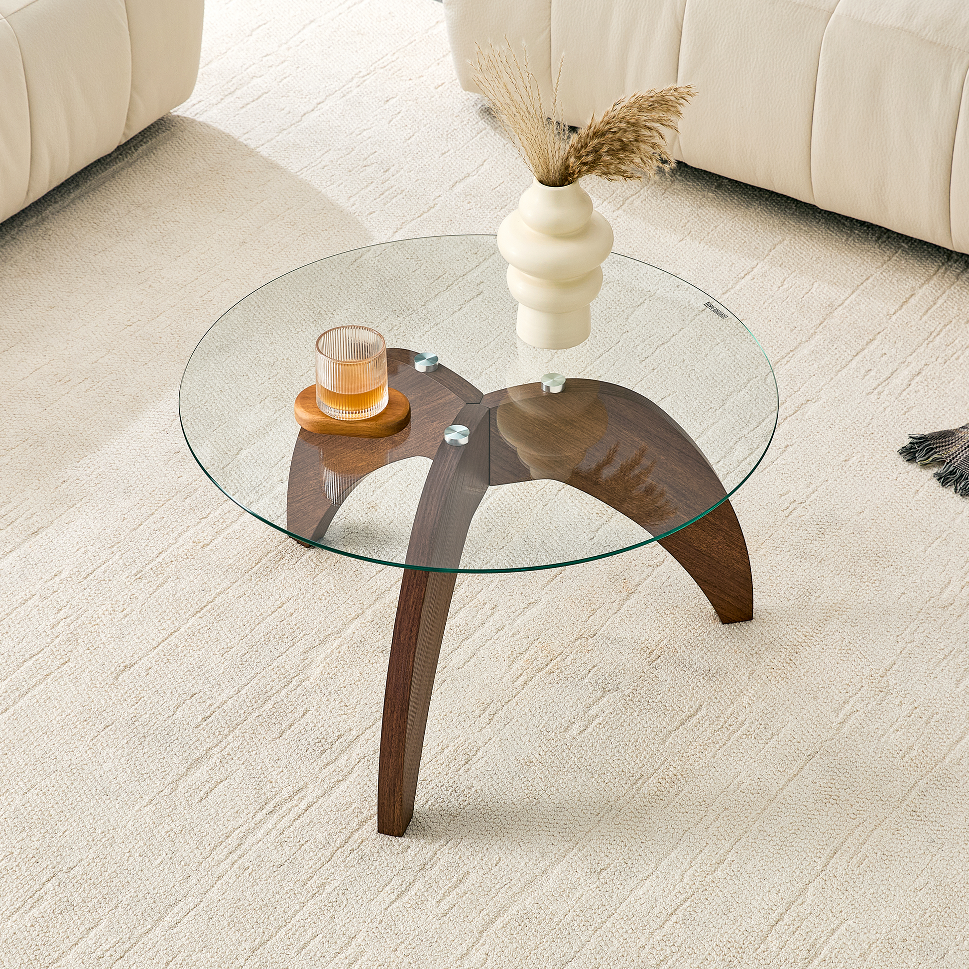Creative claw-style triangular-leg round coffee table, approximately 27.5 inches in diameter, featuring a clear tempered glass top and walnut-colored MDF. Perfect as a living room coffee table,etc. image 2