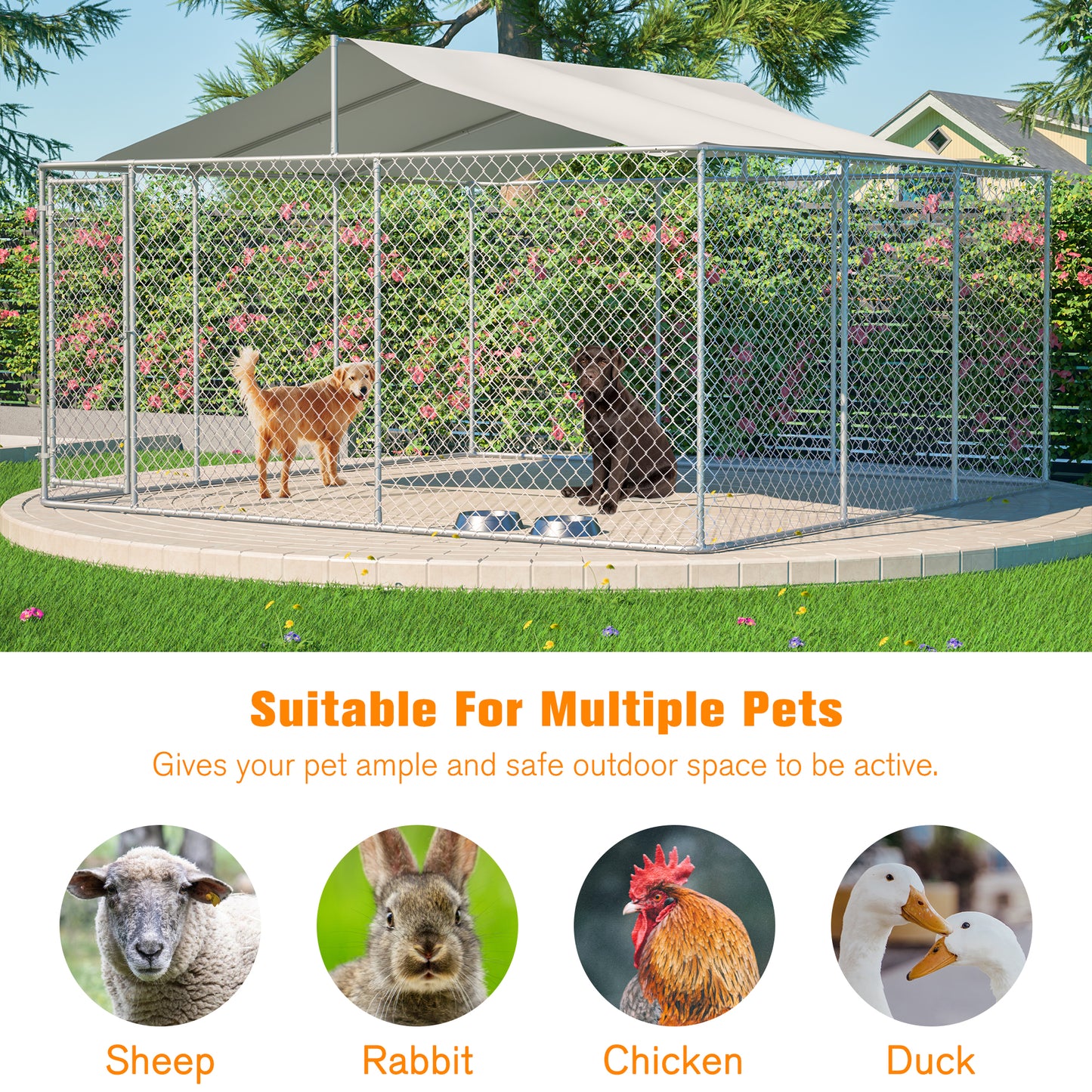 Heavy Duty Outdoor Dog Kennel 14.8x14.8x7.6 ft, Galvanized Chain Link Playpen with Waterproof Anti-UV Cover, Secure Lock, Large Exercise Pen for Puppy & Pets image 6