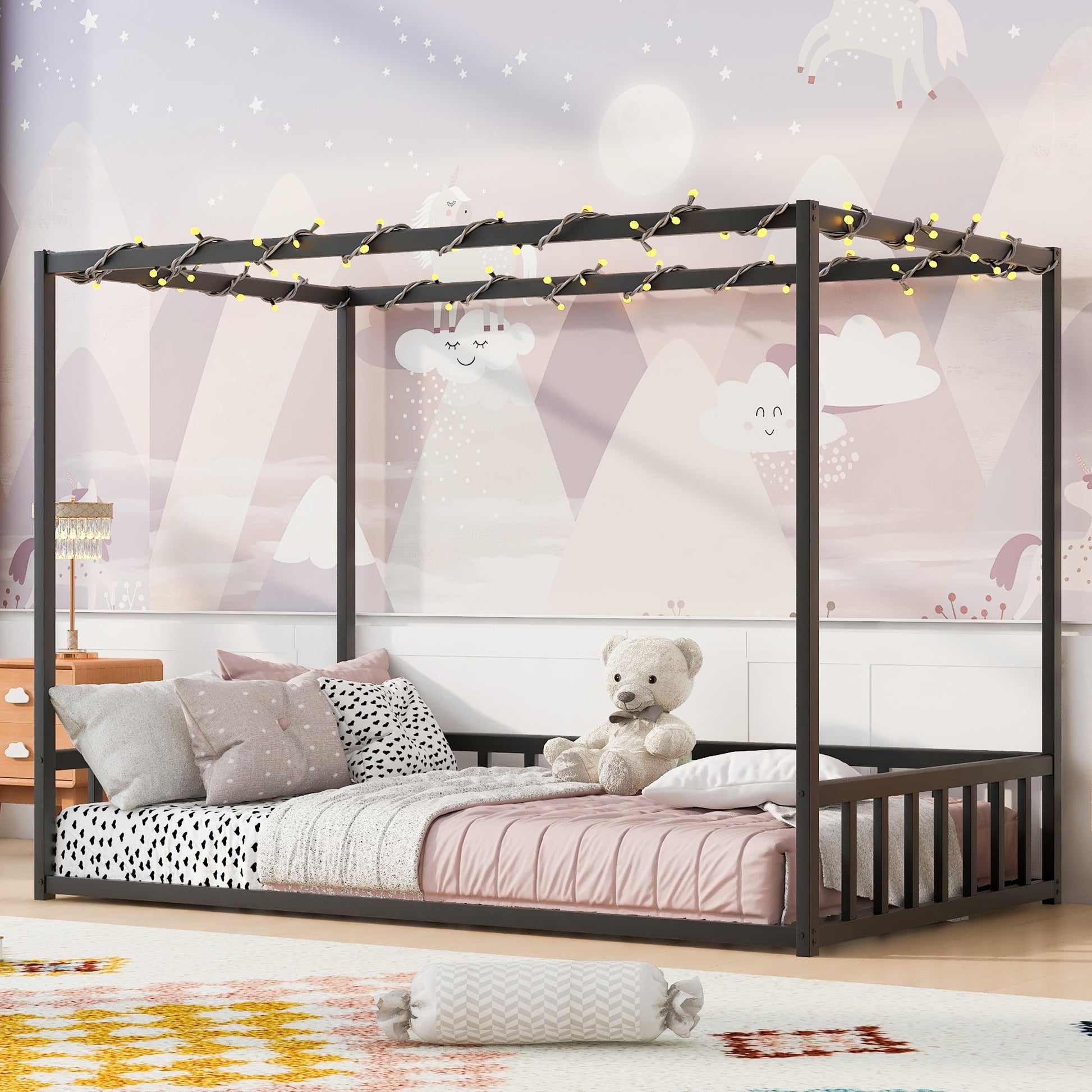 Twin size sunshade floor bed, iron double-size bed frame, modern low-profile double-size bed, equipped with fence-style guardrails, black series image 2