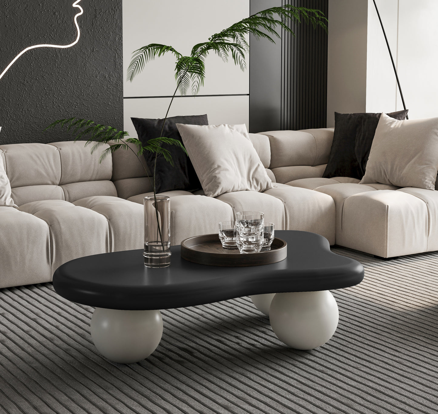 40 Inch Cloud Shaped Coffee Table with 3 Ball Legs for Living Room, Black Top White Legs image 2