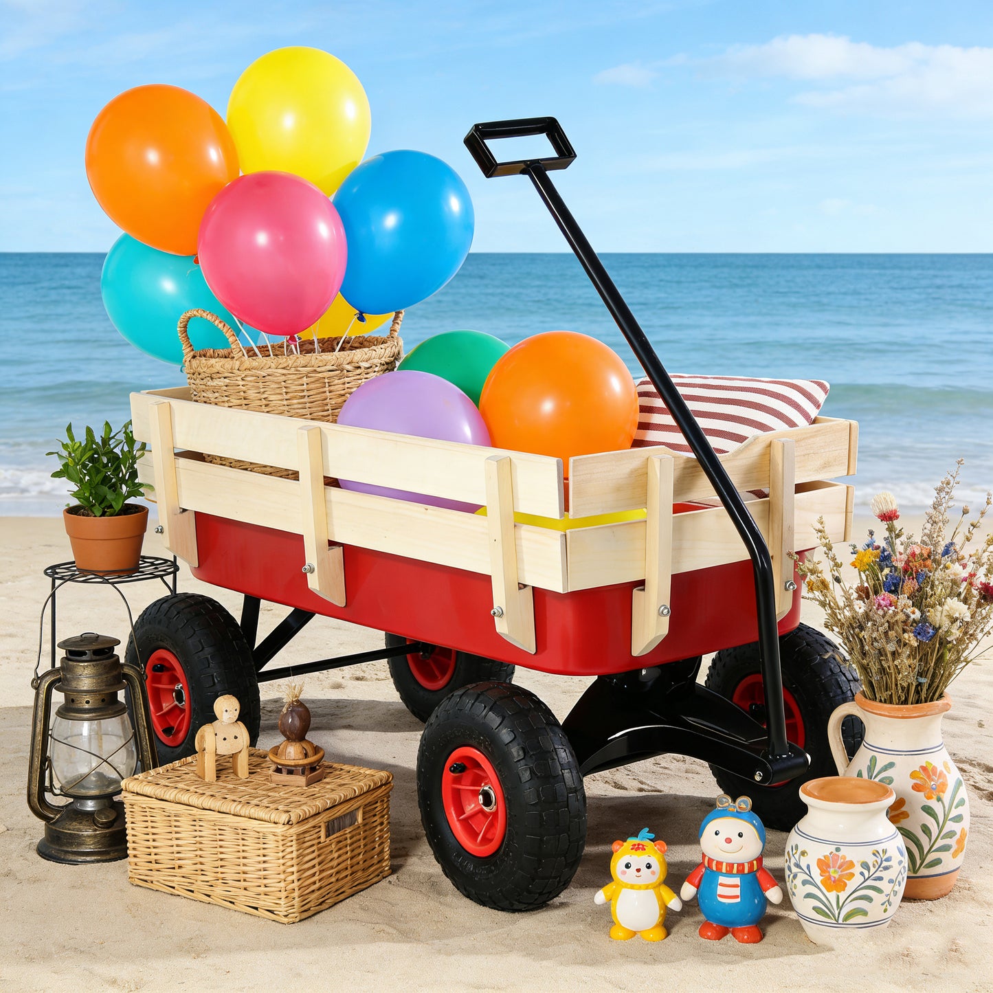 outdoor sport wagon tools cart wooden side panels air tires Wagon (red) image 3