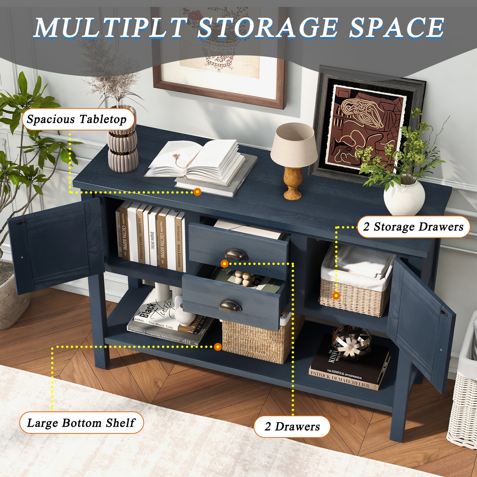 46'' Solid Wood Sideboard Console Table with 2 Drawers and Cabinets and Bottom Shelf, Retro Style Storage Dining Buffet Server Cabinet for Living Room Kitchen Dining Room(Navy Blue) image 7