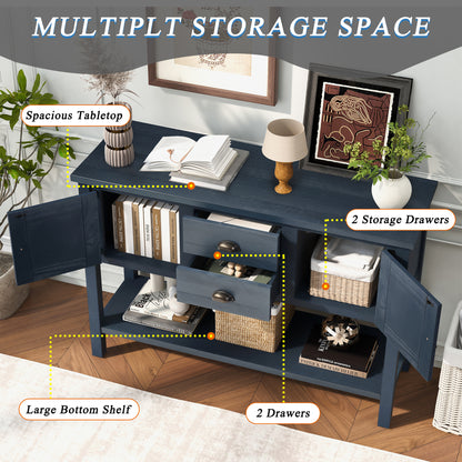 46'' Solid Wood Sideboard Console Table with 2 Drawers and Cabinets and Bottom Shelf, Retro Style Storage Dining Buffet Server Cabinet for Living Room Kitchen Dining Room(Navy Blue) image 7