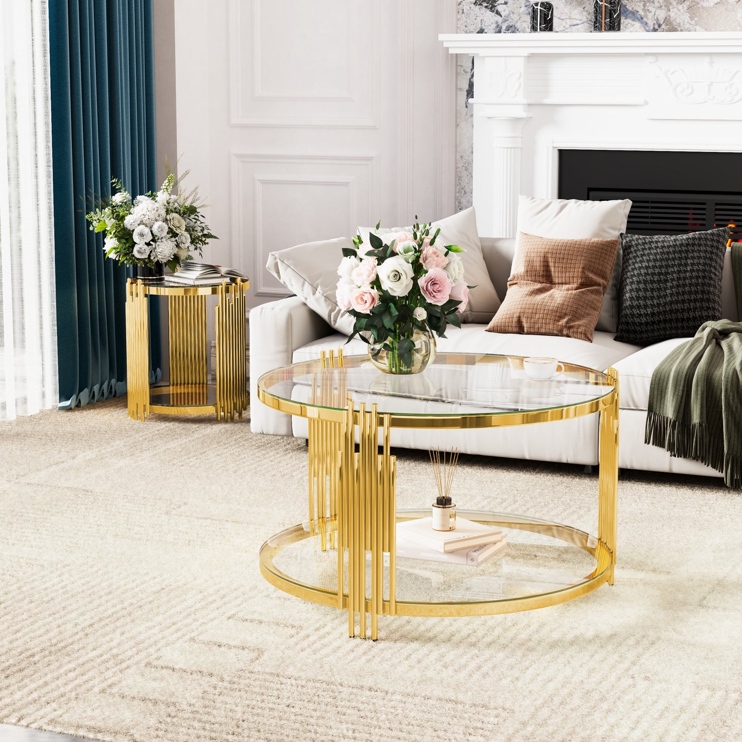 Modern Transparent Glass End Table for Living Room, Round, Asymmetrical Metal, Gold Finish & Lower Shelf, 19.8" image 5