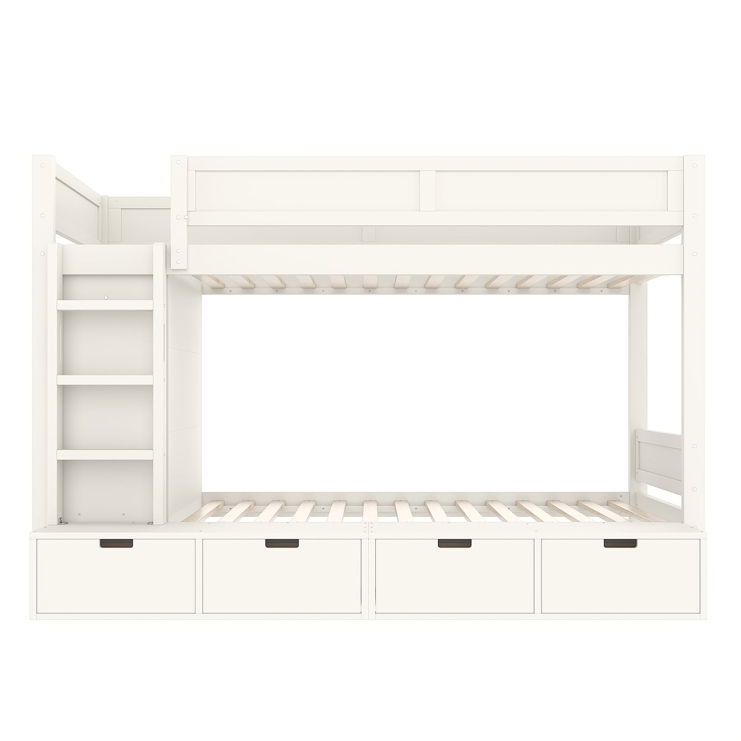Twin over Twin Bunk Bed with 4 Storage Drawers, Solid Wood Bunk Bed with Built-in Wardrobe and Full-length Guardrails, No Box Spring Needed, Ivory image 10