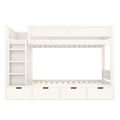 Twin over Twin Bunk Bed with 4 Storage Drawers, Solid Wood Bunk Bed with Built-in Wardrobe and Full-length Guardrails, No Box Spring Needed, Ivory image 10