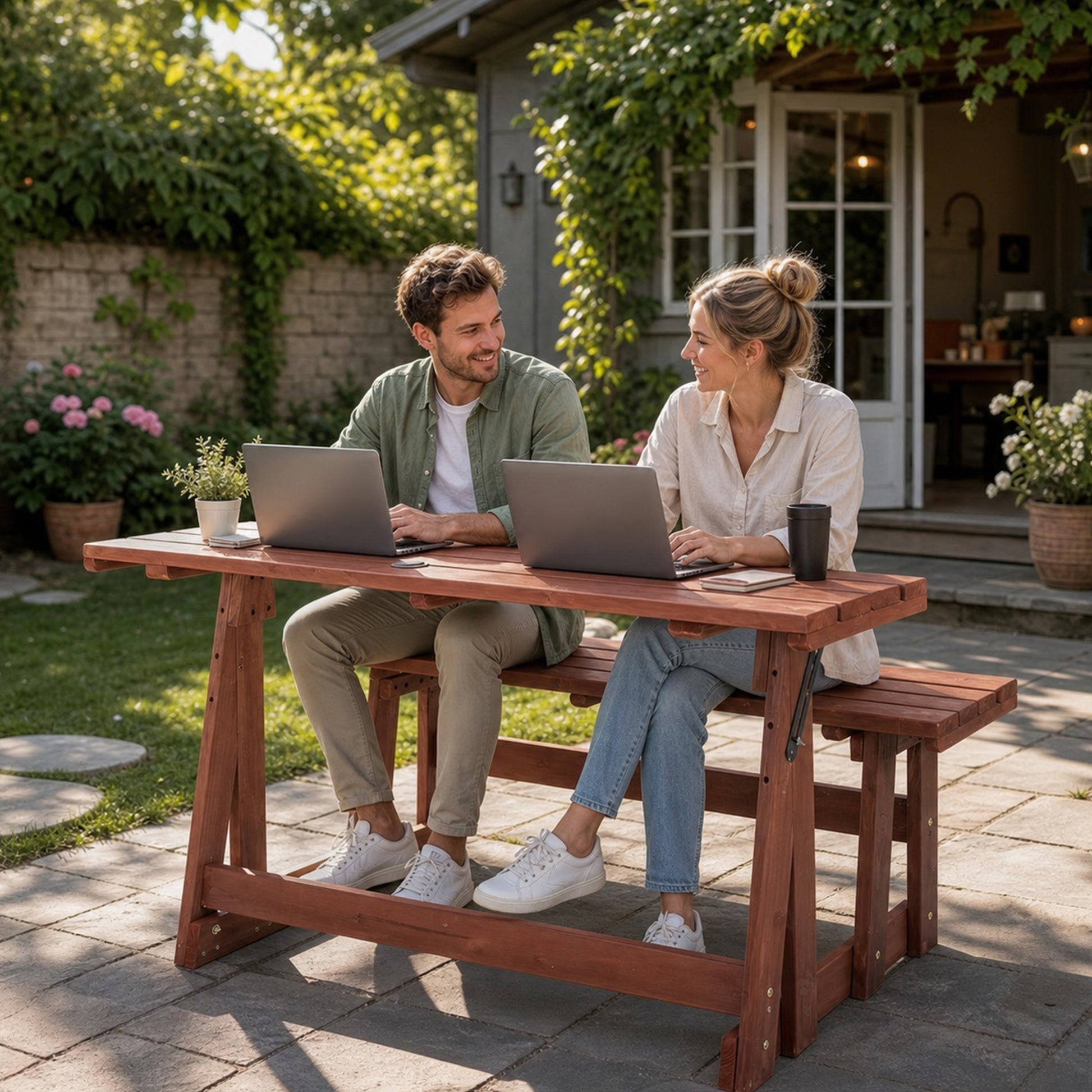 2-in-1 Convertible Bench Picnic Table, Outdoor Folding Dining Set with Backrest & Umbrella Hole, Solid Wood Waterproof & UV Resistant – For Backyard, Patio, Garden, Park Walkway image 11