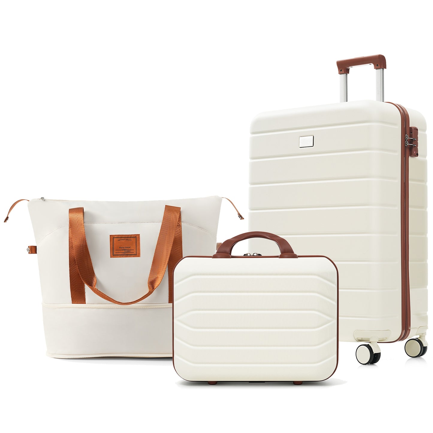 Travelpro Max 3-Piece Hardside Luggage Set with TSA Lock, 14/20 Inch Spinner Suitcase Set with Expandable Travel Duffel Bag & Waterproof Toiletry Kit, Adjustable Handle (ivory and brown) image 1