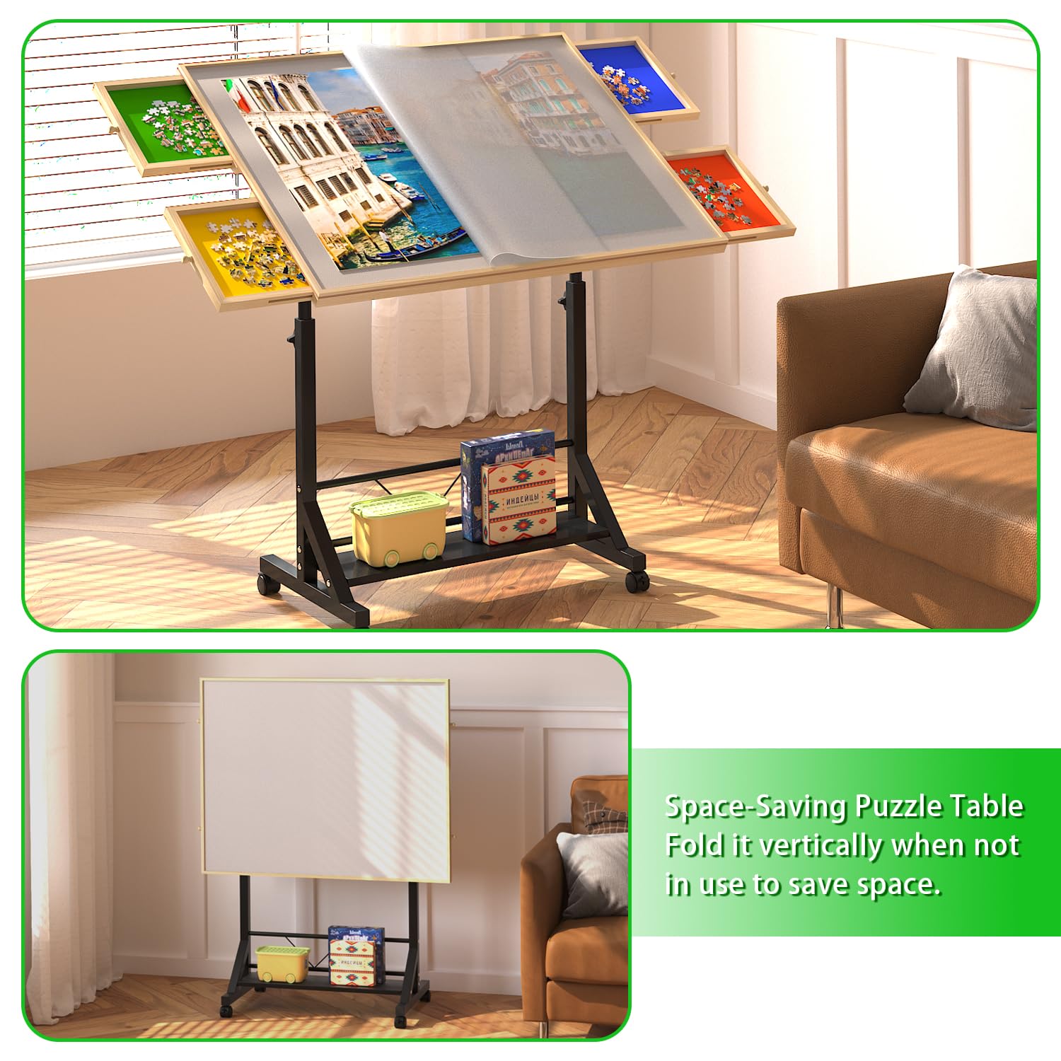 Wooden 1500 Piece Puzzle Table with Drawer, 35"*27.17" Adjustable Puzzle Table, 360° Tilting Puzzle Table with Legs and Wheels, Adjustable Height and Angle, with Protective Cover image 12