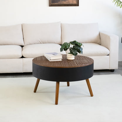 31.5" Round Carved Coffee Table with Storage Space, Mid-Century Modern Wooden Tea Table for Living Room, Apartment, Office,Brown+ Black. image 11