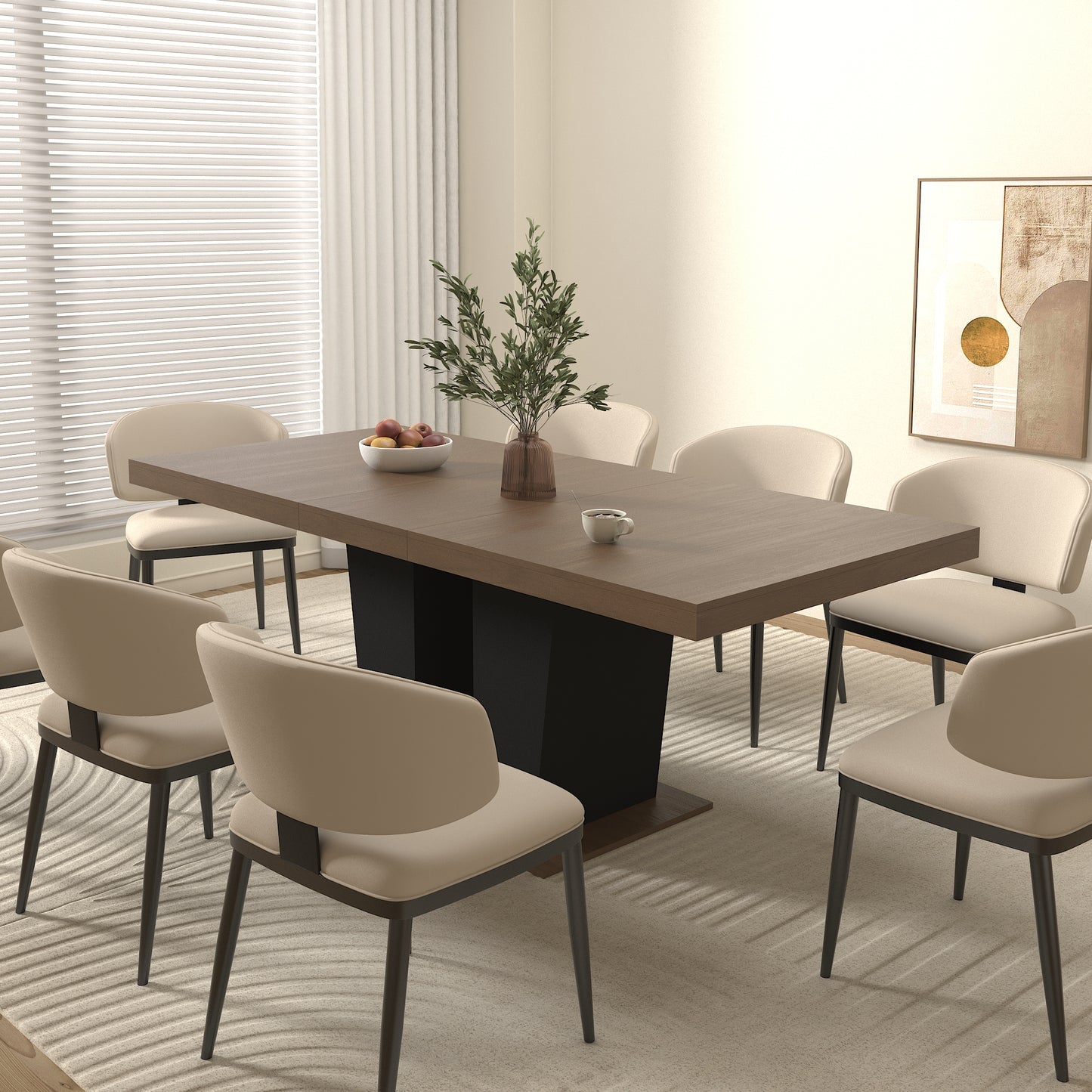Extendable Dining Room Table for 4-10 People,Wooden Transformer Kitchen Dining Table with Black Double Sturdy Pedestal Base, Modern Expandable Large Table image 2