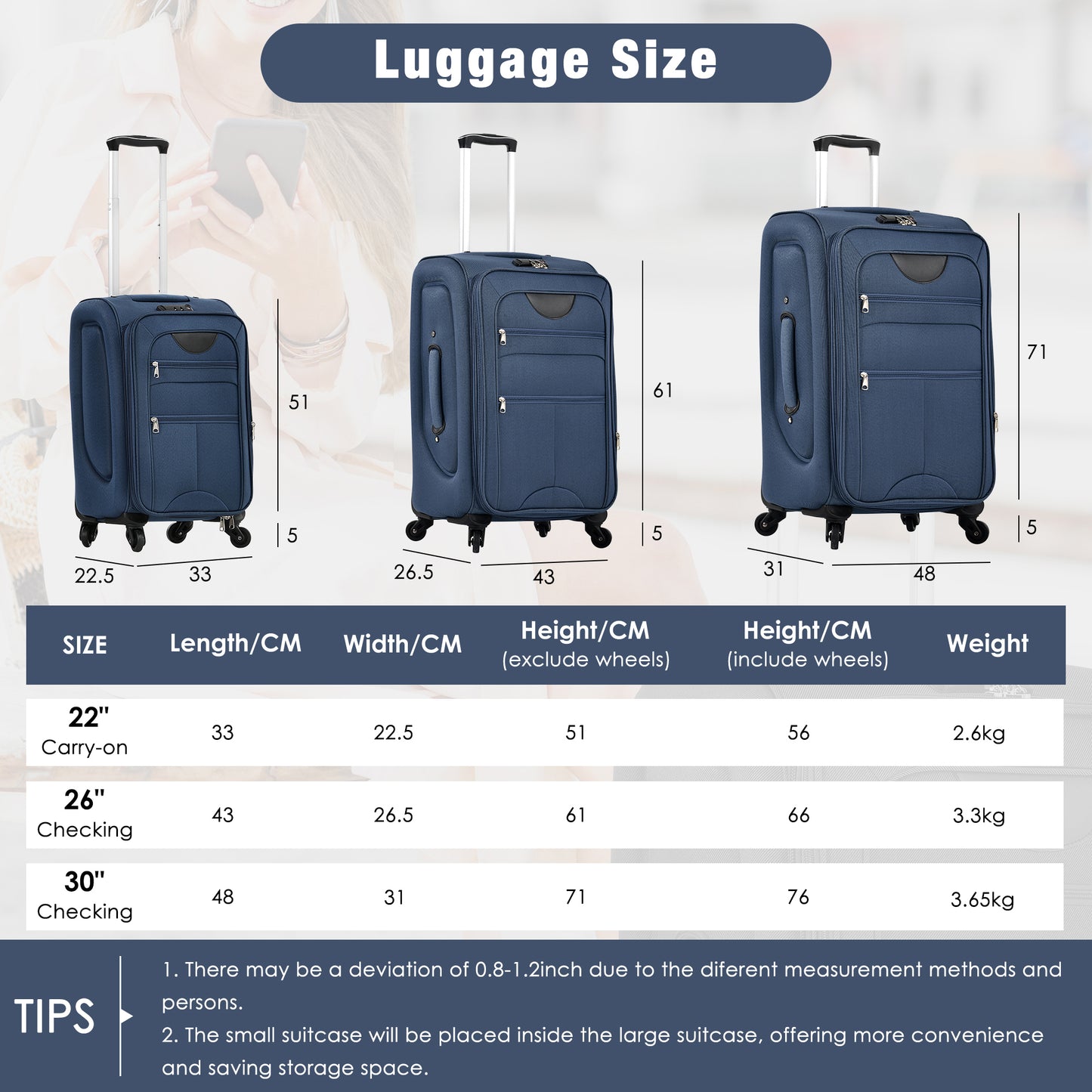 Softside Luggage Expandable 3 Piece Set Suitcase with Duffel Bag Upright Spinner Softshell Lightweight Luggage Travel Set-22/26/30 IN image 3