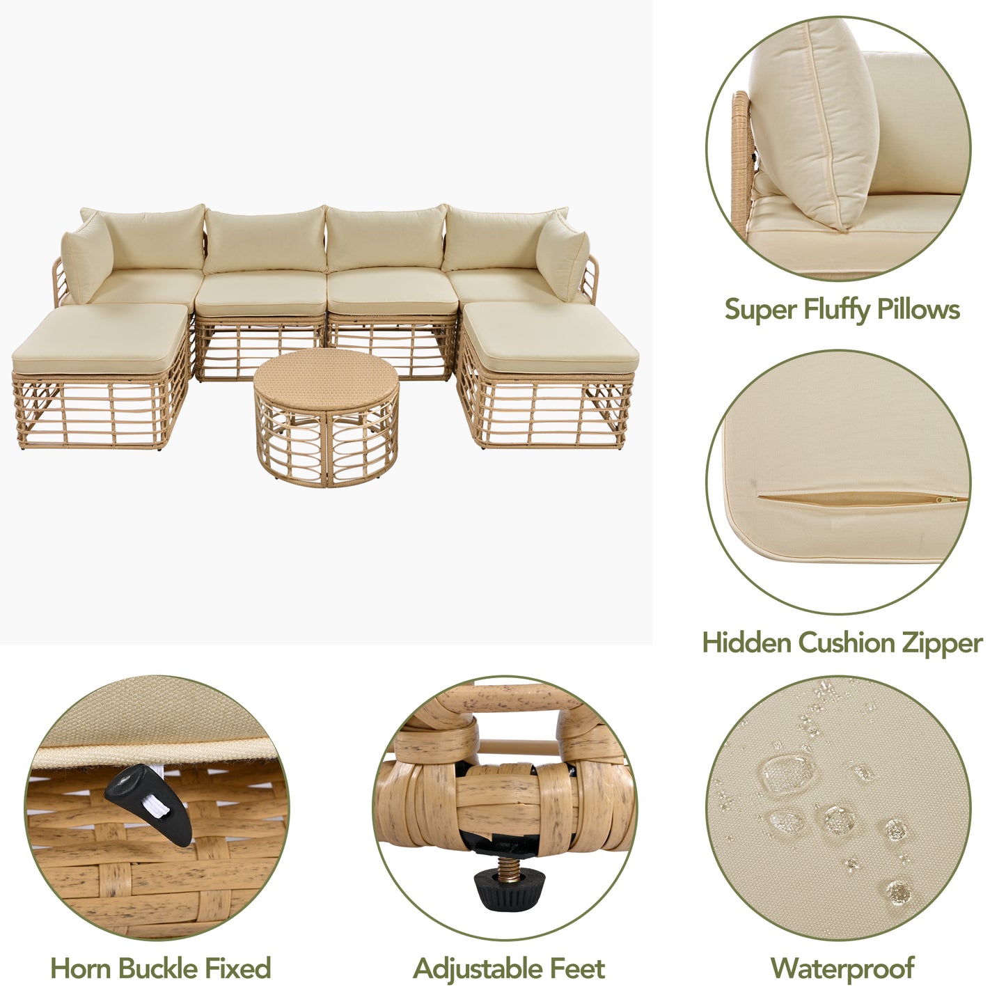 GO 7 Pieces Outdoor Patio Furniture, All-Weather Rattan Sectional Sofa Set with Thick Cushions and Pillows, Freely Combined Conversation Sets for Garden, Backyard, Balcony, Brown image 4