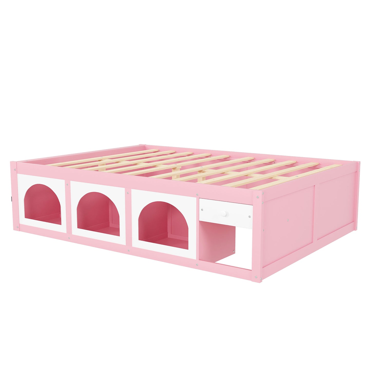 Queen Size Wooden Platform Bed with Bookshelf, Display Cabinet, LED Light and Drawer, Pink+White image 3