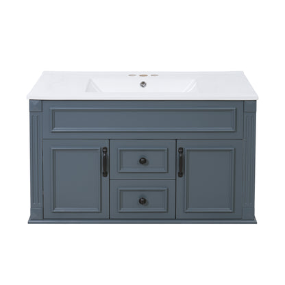 36 inch Wall Mounted Bathroom Cabinet with Ceramic Sink and Drawers, French Simple Style Vanity with Soft Closing Hinges image 10