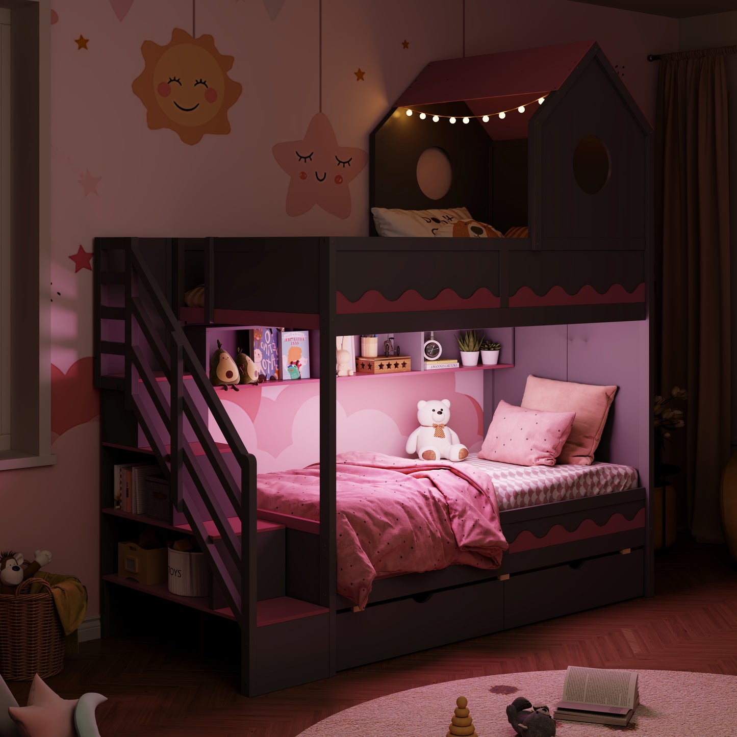 Twin Over Twin Bunk Bed with House-Shaped Roof and Storage Stairs, Wooden House Bed Frame with 2 Under-bed Drawers,Shelves,LED,Gray image 3