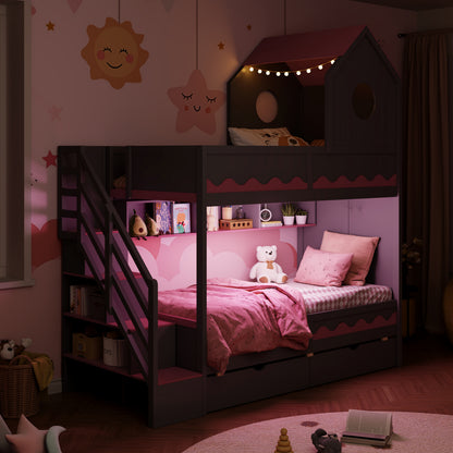 Twin Over Twin Bunk Bed with House-Shaped Roof and Storage Stairs, Wooden House Bed Frame with 2 Under-bed Drawers,Shelves,LED,Gray image 3
