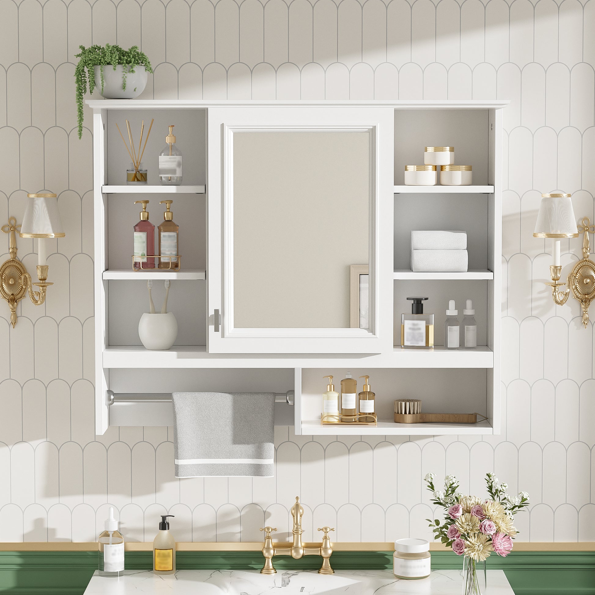 35 inch Wall-Mount 2-in-1 Mirror Cabinet with Adjustable Shelves, Soft-Closing Hinges, Open Shelves, for Bathroom Vanity, Living Room, Bedroom Storage Organizer image 3