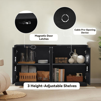 4 Door Accent Cabinet with Solid Wood Carved Doors, Adjustable Shelves, Push to Open Storage Cabinet with Cable Management, Ash Veneer Sideboard for Living Room, image 12