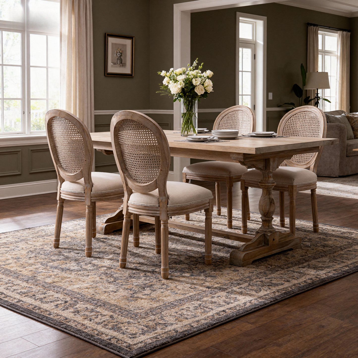 French Style Solid Wood Frame Linen Fabric Rattan Back Dining Chair,Set of 2, Beige image 6