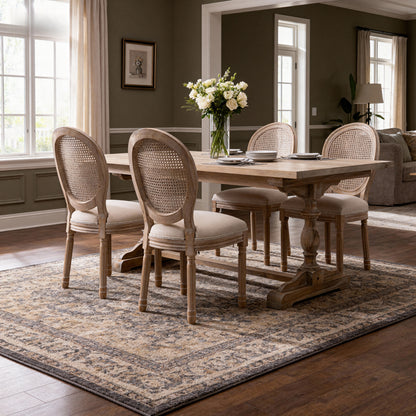 French Style Solid Wood Frame Linen Fabric Rattan Back Dining Chair,Set of 2, Beige image 6