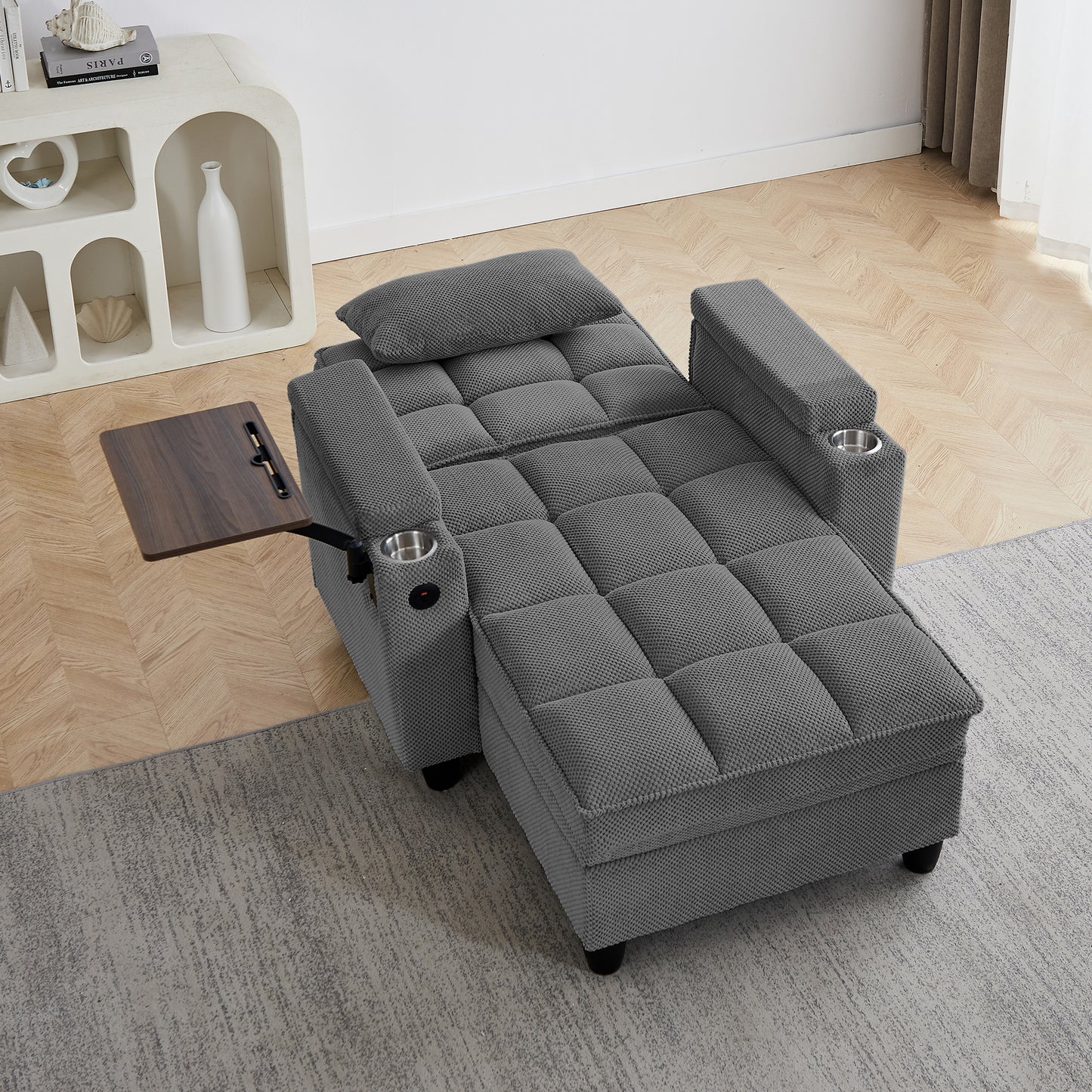 Dark Grey Chaise Lounge Sofa,Sleeper Chair Bed with 6-Position Adjustable Backrest,USB Ports, Cup Holder and Swivel Side Table image 2