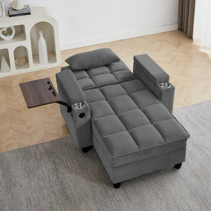 Dark Grey Chaise Lounge Sofa,Sleeper Chair Bed with 6-Position Adjustable Backrest,USB Ports, Cup Holder and Swivel Side Table image 2