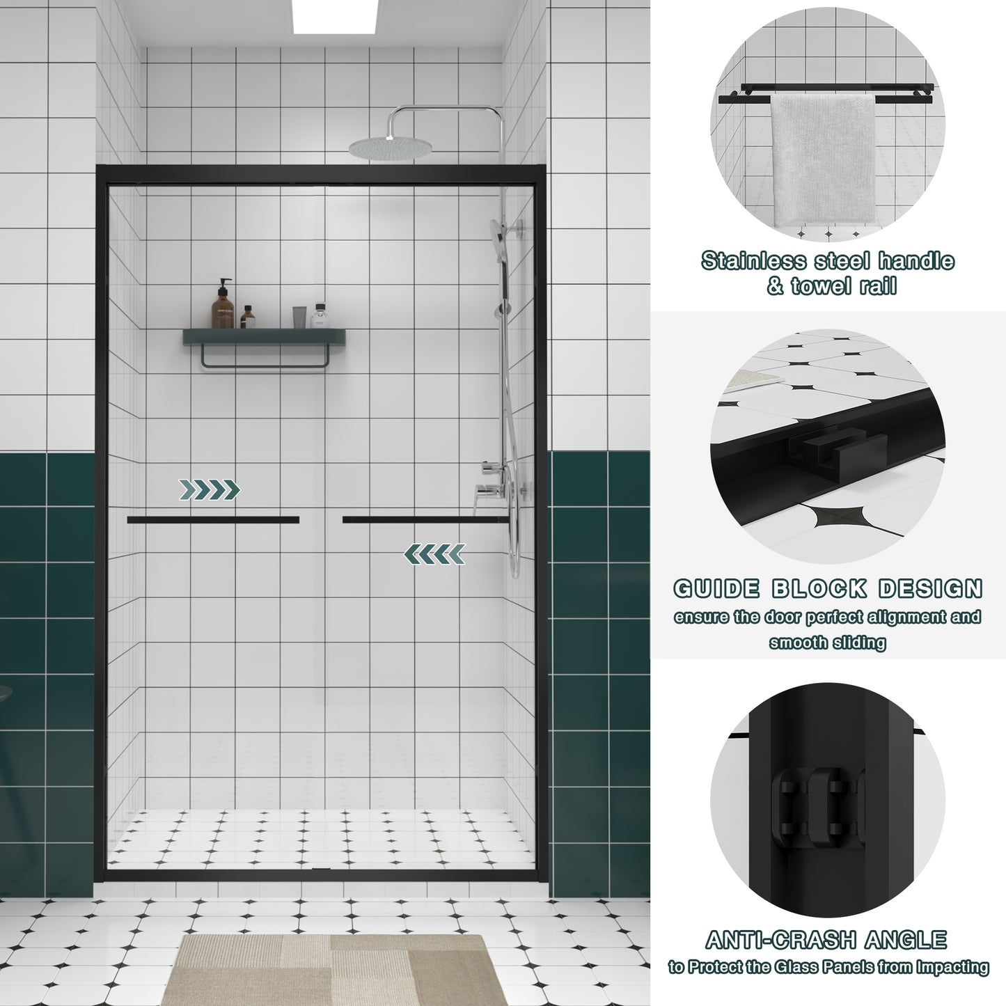 44-48"x76" Aluminum Frame Double Sliding Shower Door,Bypass Bathroom Sliding Door with Premium 1/4" (6mm) Clear Tempered Glass, Black Hardware Sliding Glass Shower Enclosure,Matte Black Finished image 3