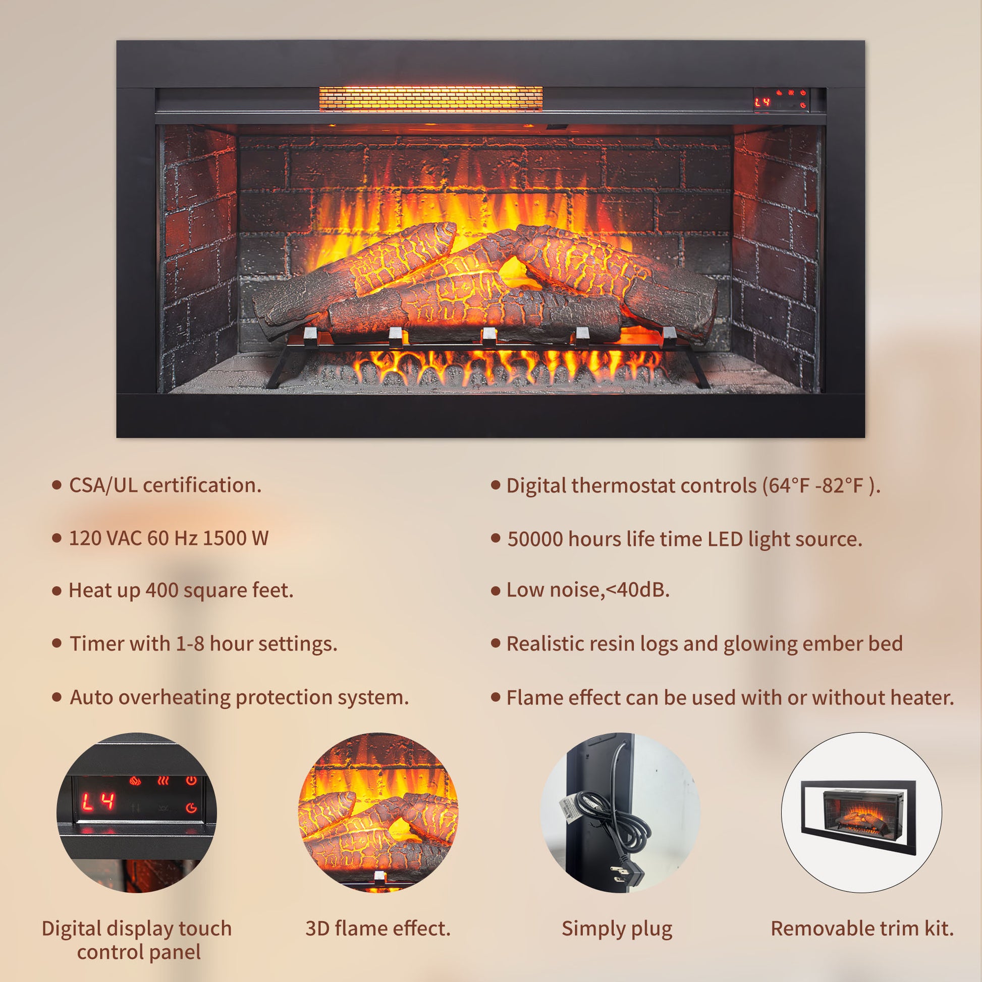 36 inch Infrared Electric Fireplace with Removable Trim kit Insert, Touch Panel Home Decor Heater image 10