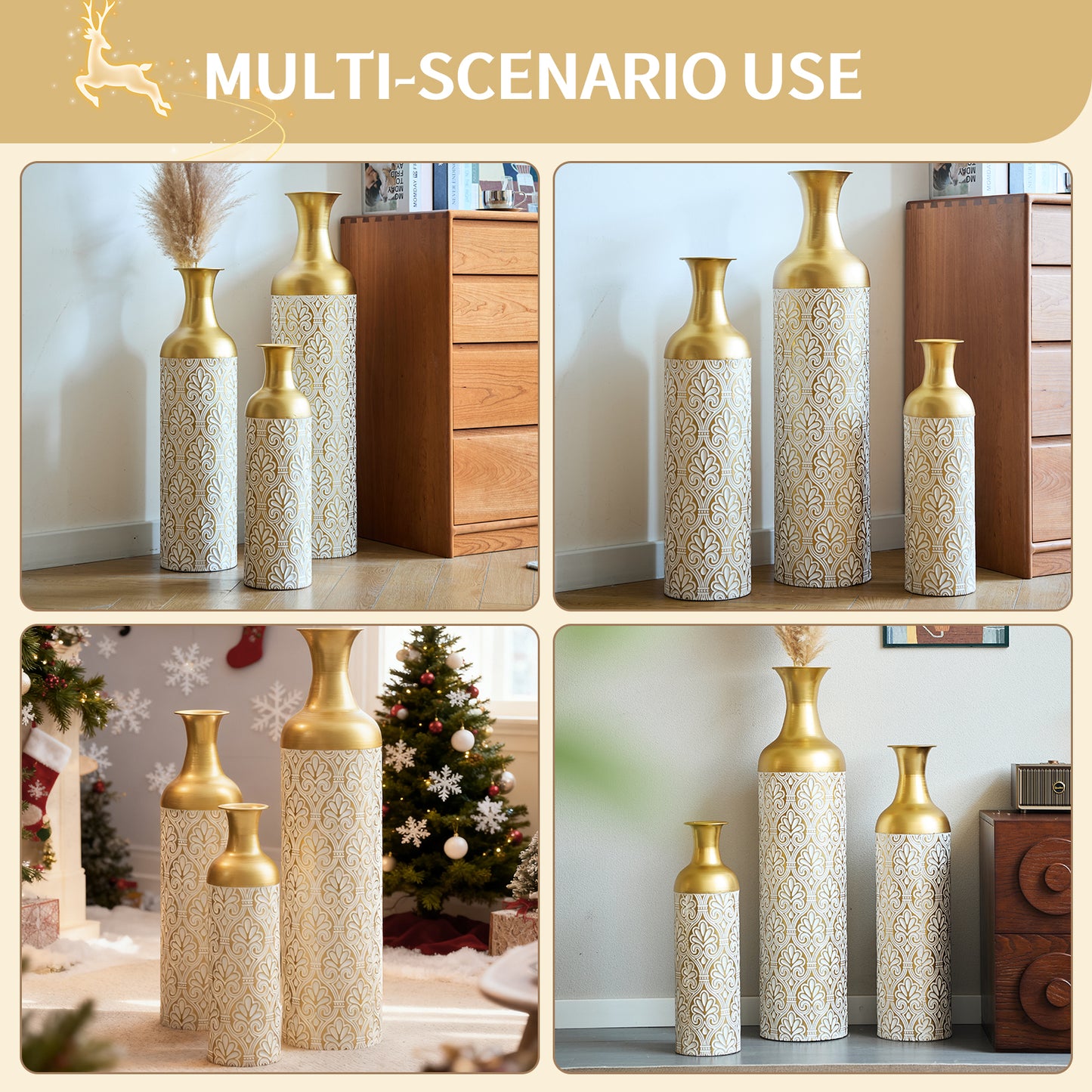 Gold White Metal Vase Set of 3, Tall Decorative Cylinder Flower Vases with Embossed Pattern, Modern Luxury Table Centerpiece for Living Room Home Decor, Shelf Mantel Fireplace Ornaments image 3