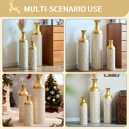 Gold White Metal Vase Set of 3, Tall Decorative Cylinder Flower Vases with Embossed Pattern, Modern Luxury Table Centerpiece for Living Room Home Decor, Shelf Mantel Fireplace Ornaments image 3
