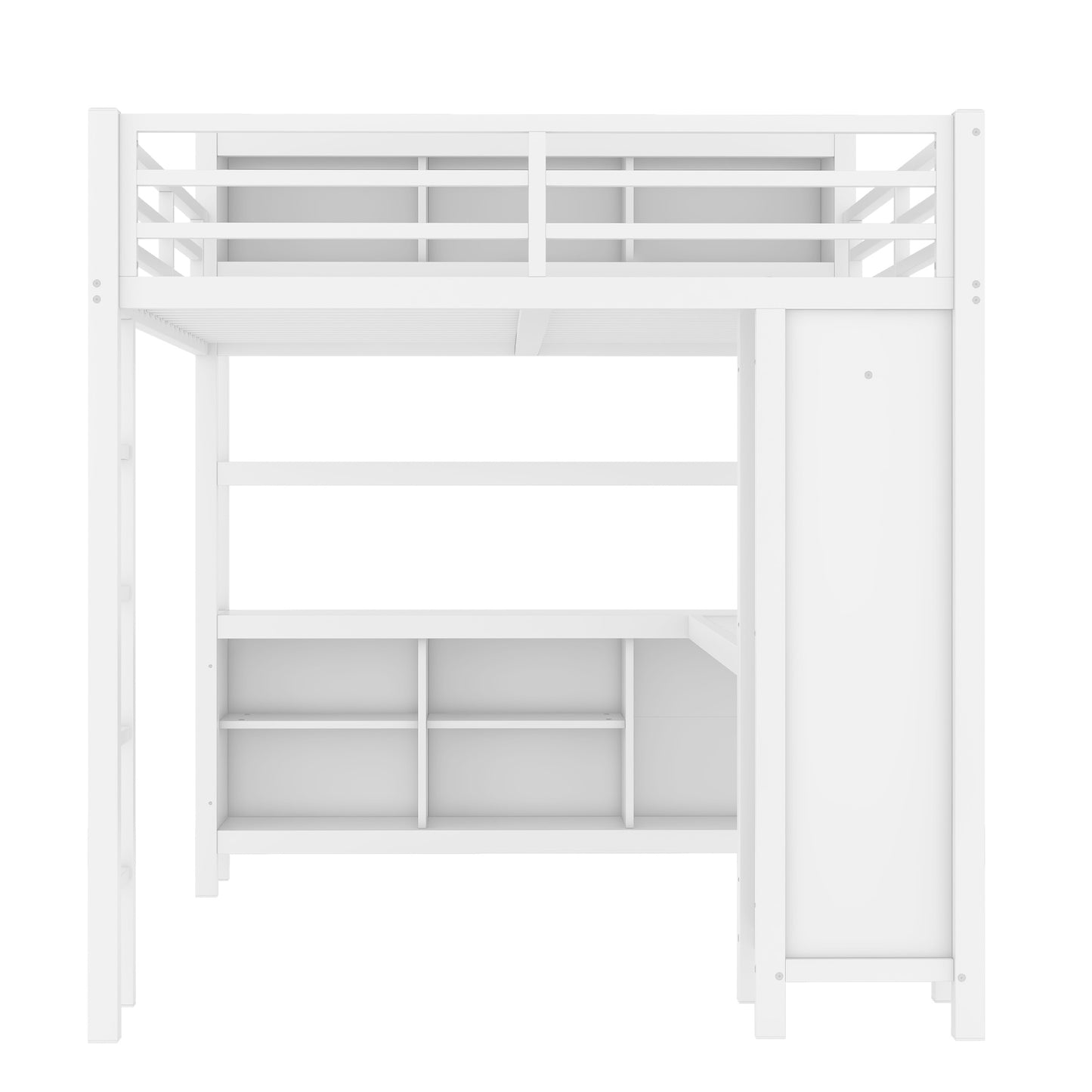 Metal Loft Bed with Wardrobe And L-shaped Desk, Queen Size Loft Bed with Storage Cubes and Shelves, Heavy Duty Loft Bed for Kids Teens Adults, White image 12