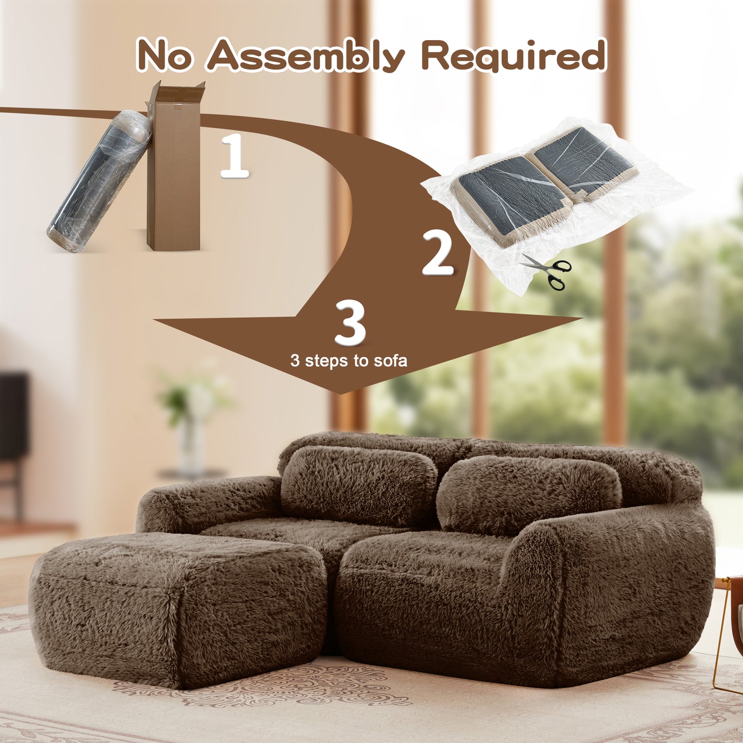 L-shaped Boneless Sofa,Soft Fluffy Plush Fabric,With Chaise 32D High Density Sponge,No Assembly Required,Ergonomic Design Bottom Anti-Slip Design,With Throw Pillows,Fits Bedrooms,Chocolate image 11