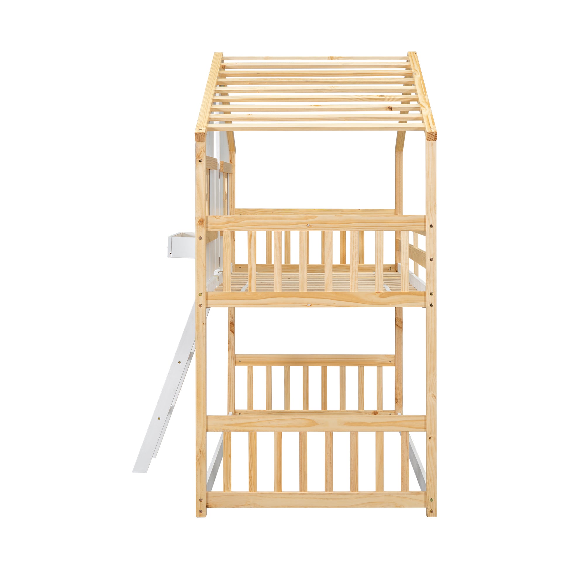 Twin over Twin House Bunk Bed with Roof, Window, Window Box, Door, with Safety Guardrails and Ladder, Natural/White image 8