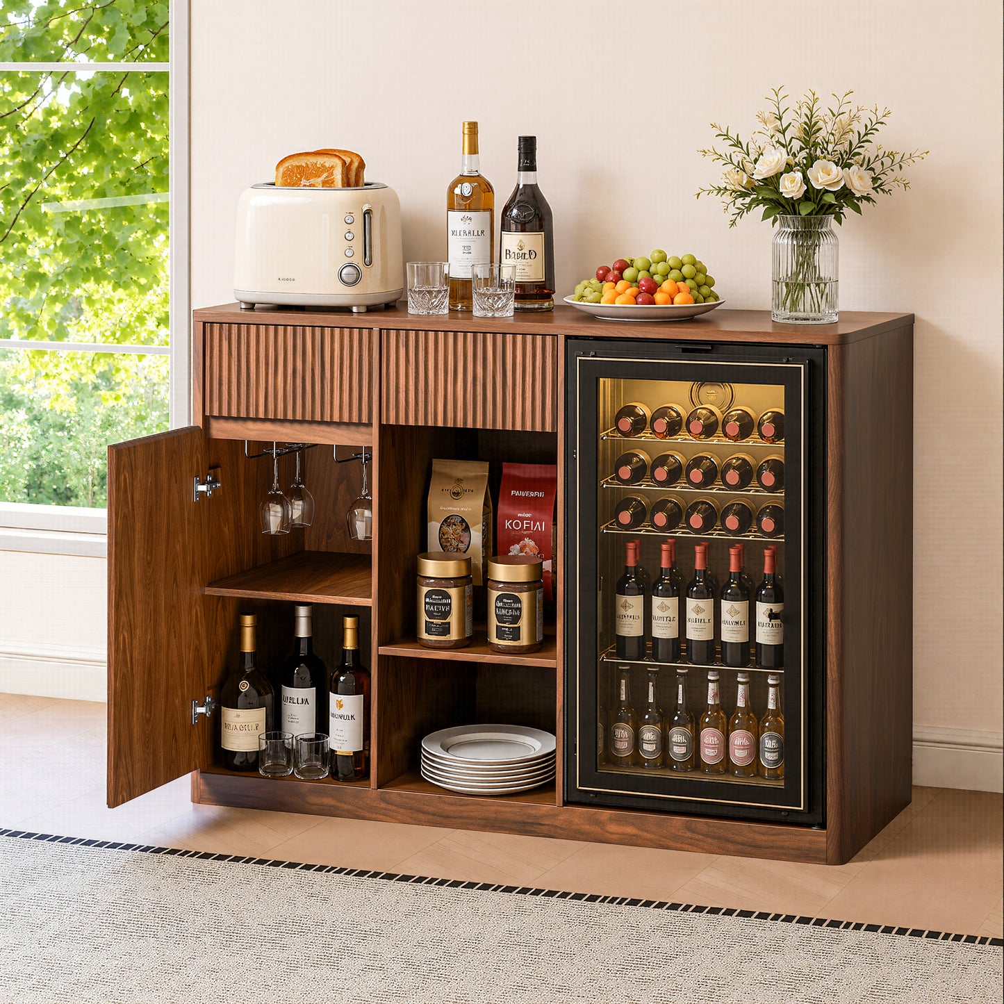 51" Fluted Bar Cabinet with Fridge Space (Fridge Not Included), Modern Coffee Station with Charging Hub & Wine Glass Rack, Walnut Buffet Sideboard for Home Beverage & Liquor Storage. image 2