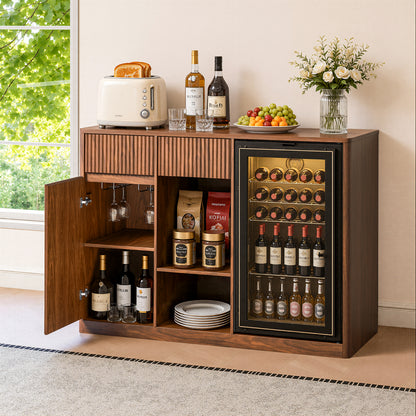51" Fluted Bar Cabinet with Fridge Space (Fridge Not Included), Modern Coffee Station with Charging Hub & Wine Glass Rack, Walnut Buffet Sideboard for Home Beverage & Liquor Storage. image 2