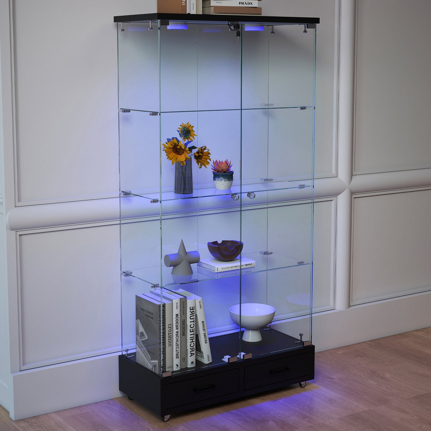 Modern Glass Display Cabinet with 2 Large Drawers, Quick-assembly Antique Cabinet with LED lights, Tempered Glass Bookshelf, 2-Door Storage Case with 4 Shelves for Living Room and Bedroom, black image 3
