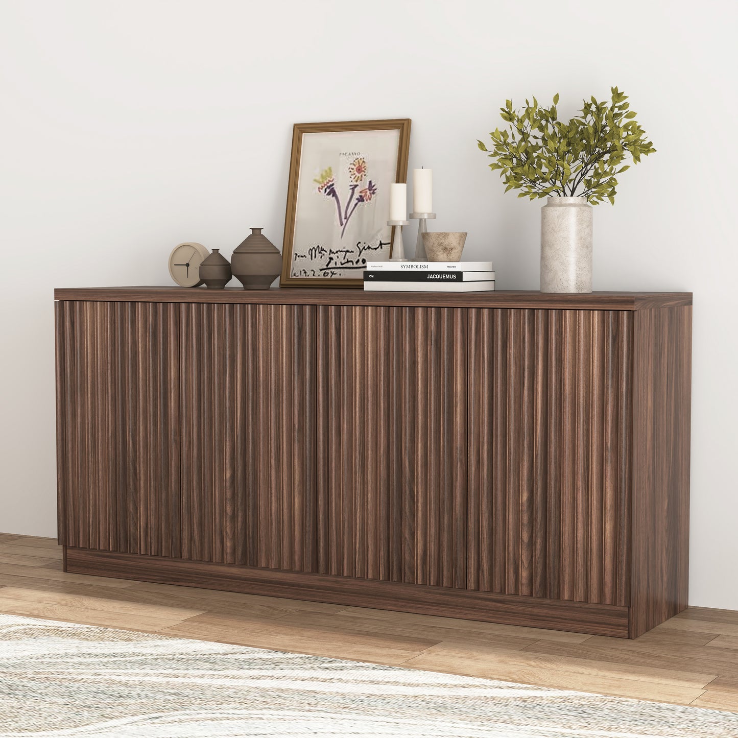 Buffet Cabinet with Storage, 62.60" Sideboard Cabinet with 4 Doors & Shelves, Wooden Kitchen Coffee Bar Credenza Storage for Living Room, Hallway Walnut image 1