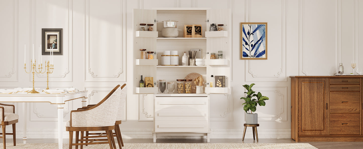 70" Kitchen Pantry Cabinet with 2 Cabinet Shelves,Luxurious Wooden Cupboard with 6 Door Shelves and 3 Drawers for Kitchen, Dining Room,White image 2